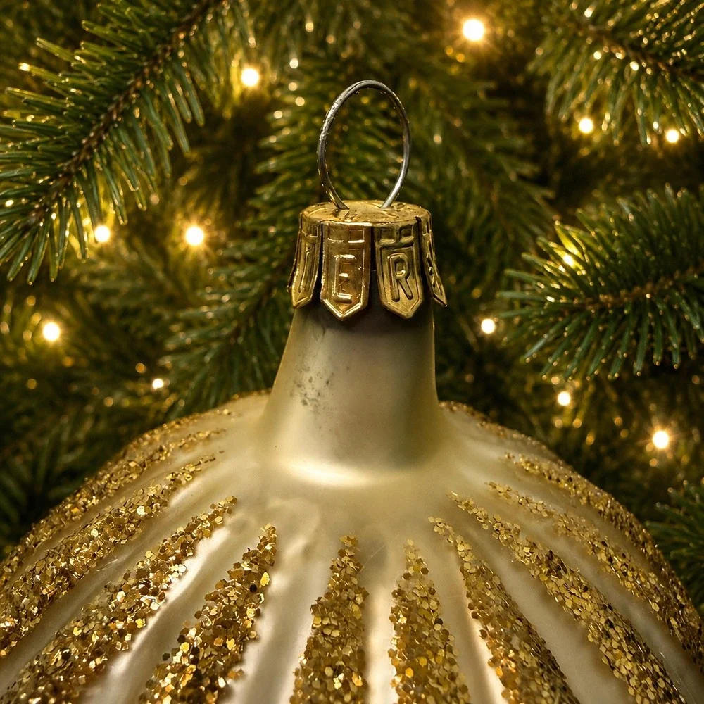 Pier 1 Set of 9 Glass Christmas Ornament Set Gold Glitter Balls Conch Shells